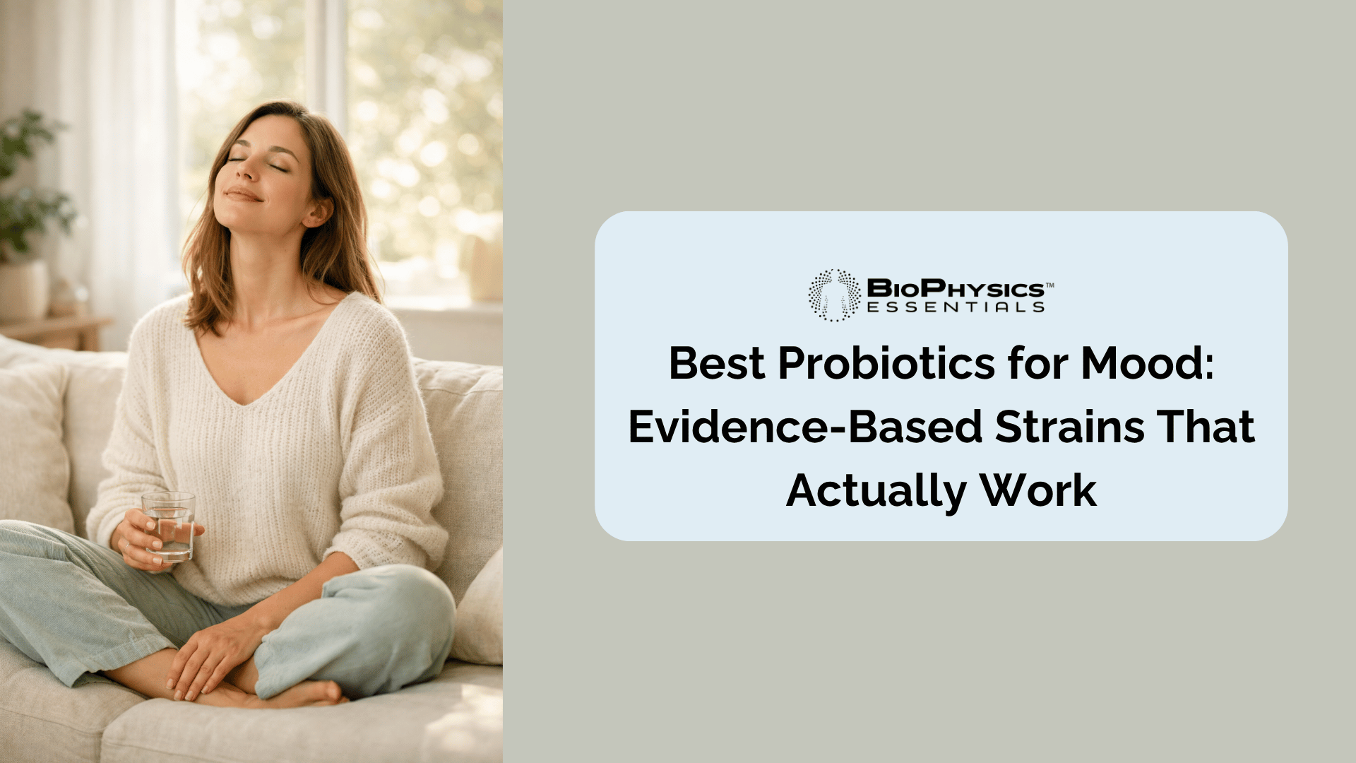 Woman sitting peacefully in morning light representing emotional balance and gut-brain axis support through probiotics
