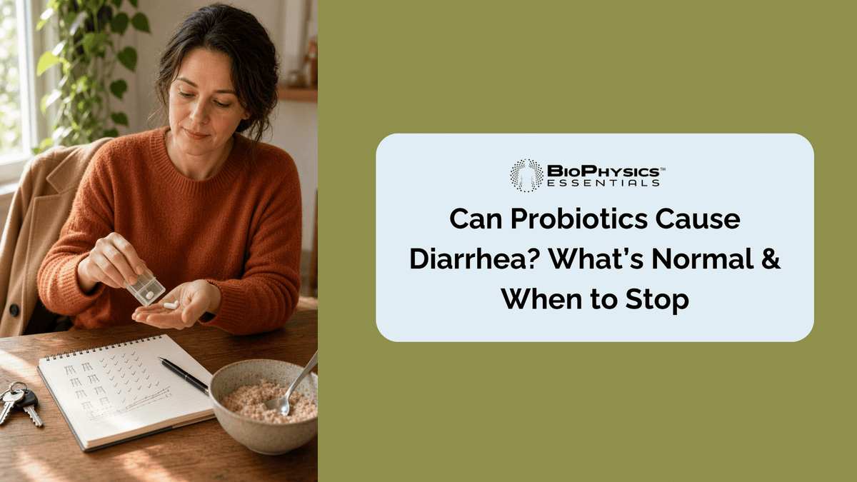 Woman at her dining table adjusting her probiotic dose, tipping one capsule from a weekly pill organizer beside a symptom-tracking notebook