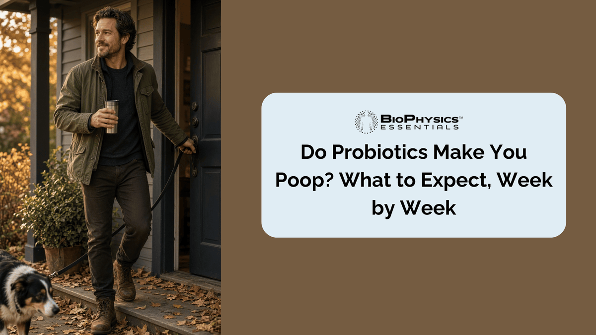 banner image featuring a Relaxed man in his late 30s leaving home in warm morning light with coffee and his dog, representing comfortable, predictable digestion after starting probiotics