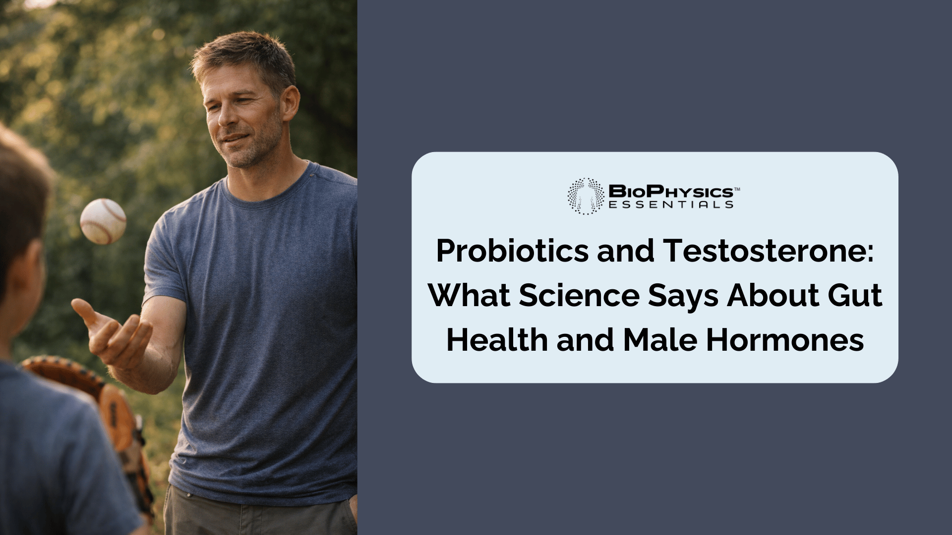 Athletic man in his 40s standing outdoors in morning light, representing men's health, vitality, and the connection between gut health and hormonal wellness