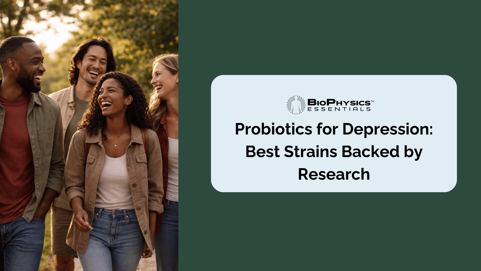 Group of friends in their 30s and 40s laughing together on an outdoor walk representing the social energy and vitality associated with improved mood and mental well-being