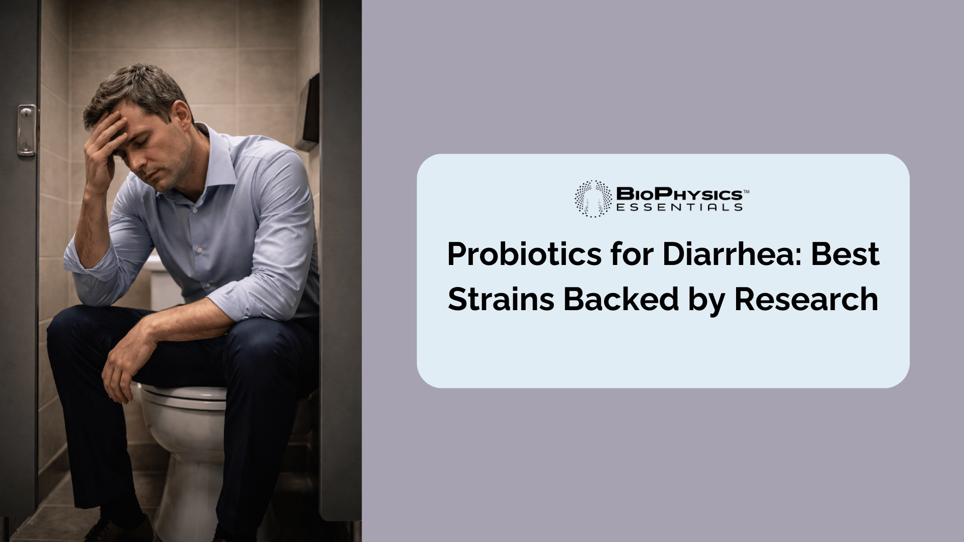 Man sitting on a closed toilet lid in work clothes with his head in his hand, representing the everyday frustration and disruption of chronic digestive issues including diarrhea