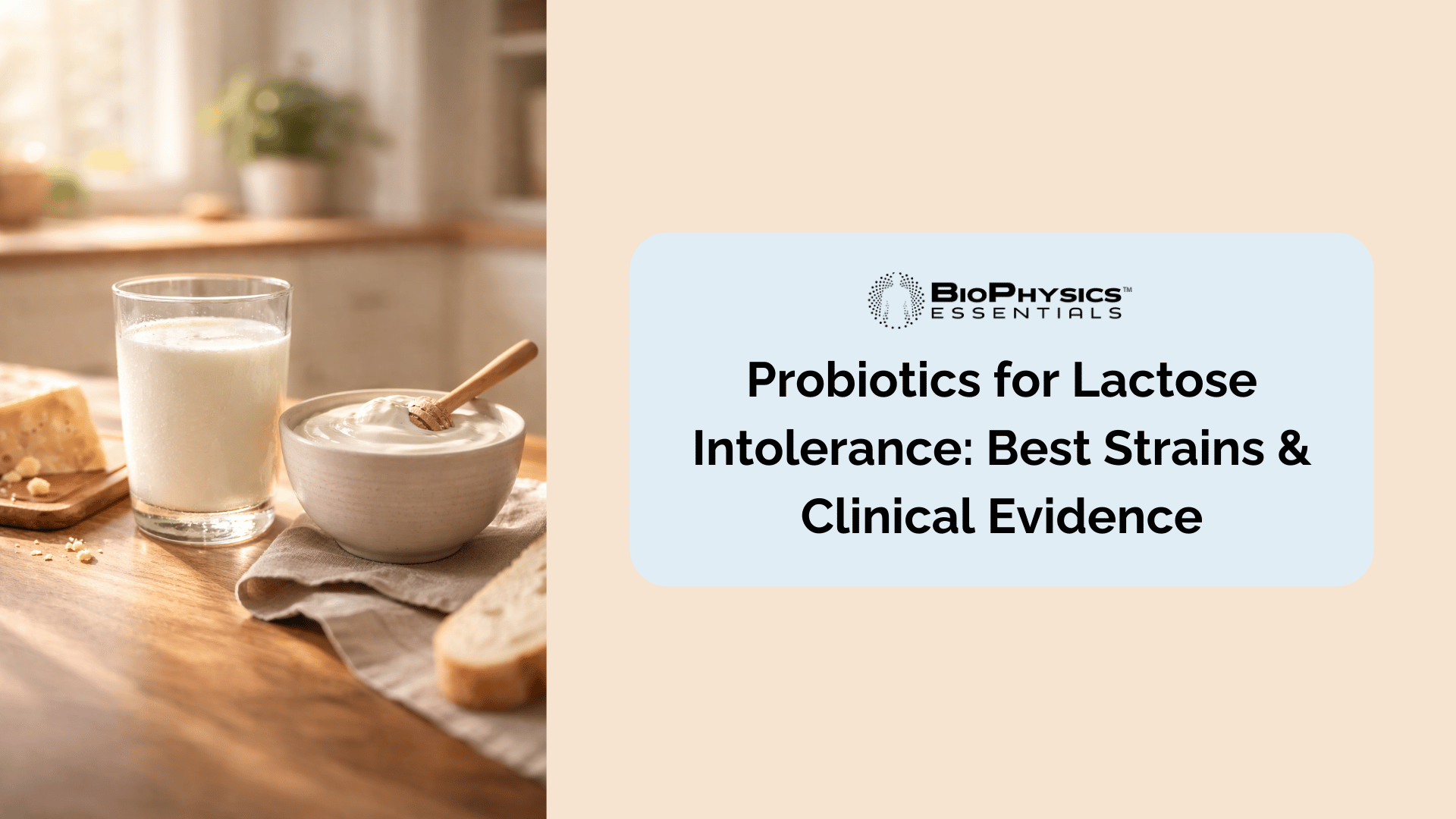 Lifestyle kitchen scene with a cold glass of milk, yogurt, and cheese on a warm wooden counter, representing dairy foods and lactose intolerance