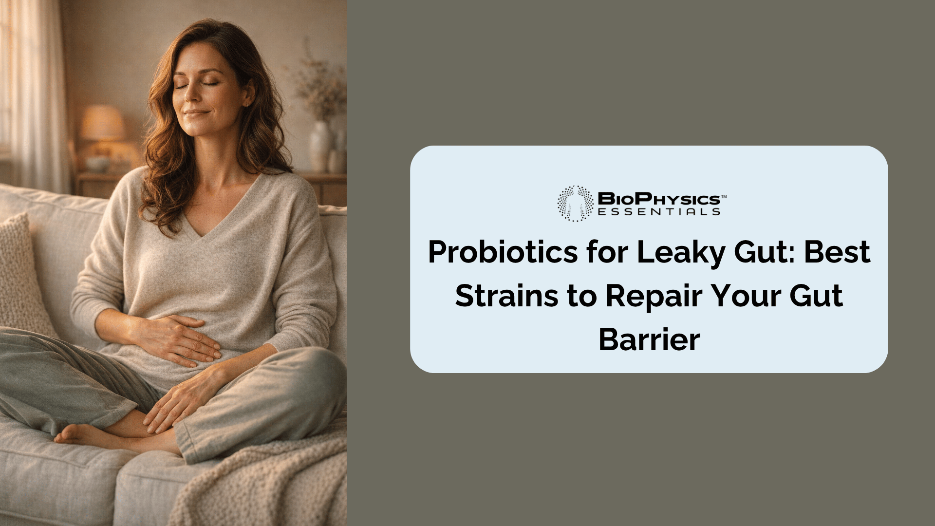 Woman sitting calmly with hand resting on abdomen, representing relief from leaky gut discomfort through probiotic support