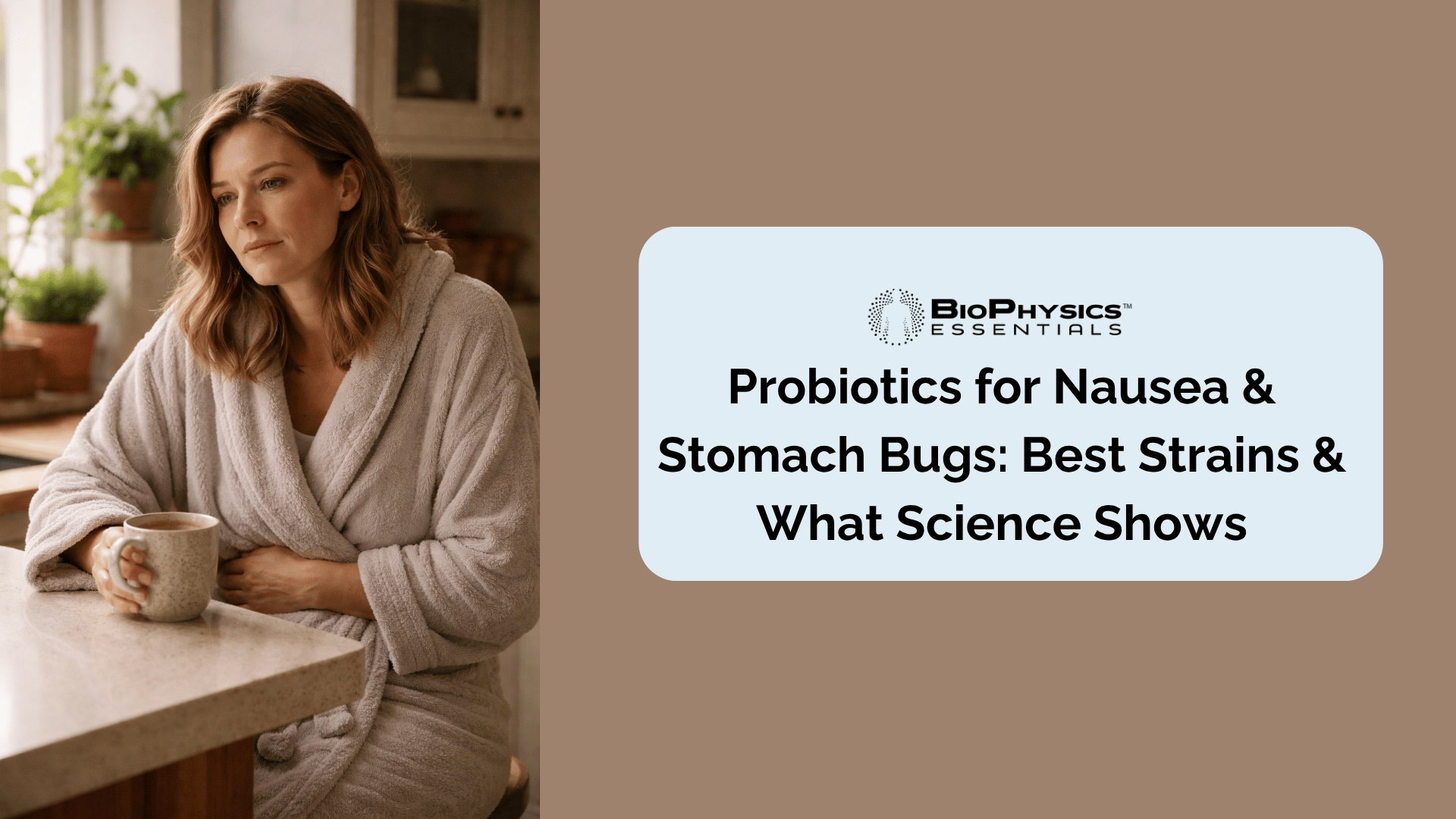 Woman sitting at a kitchen counter in morning light with her hand on her stomach, representing the quiet discomfort of nausea and the search for gut health relief