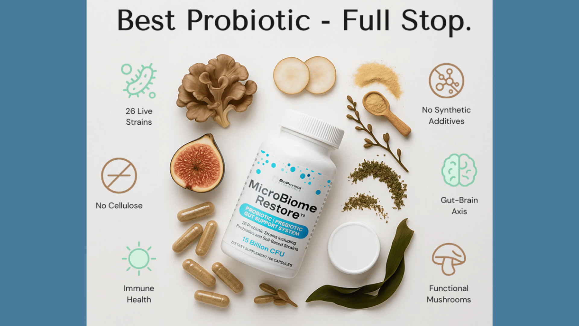 MicroBiome Restore "Best Probiotic - Full Stop" infographic header image showing prebiotic ingredients including sea vegetables, jerusalem artichoke, acacia, and more, as well as 26 probiotic strains and filler-free formula