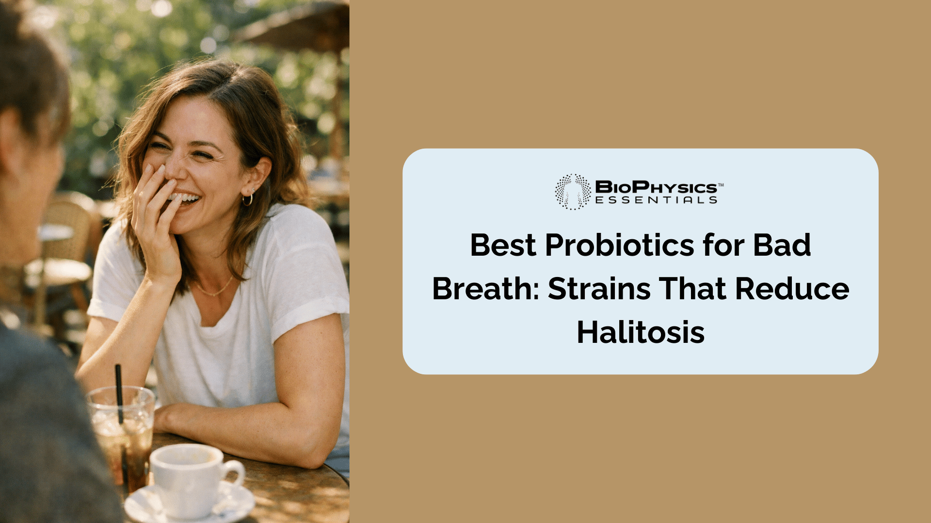 Woman laughing confidently at an outdoor café, representing the social confidence that comes with resolving chronic bad breath