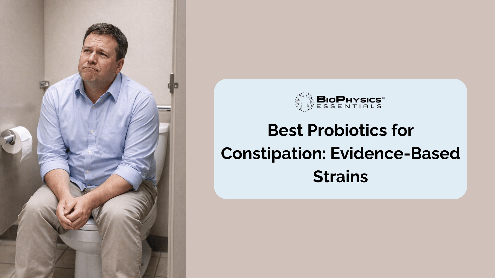 Person sitting in a corporate bathroom stall with a flushed, mildly strained expression, capturing the relatable discomfort of constipation