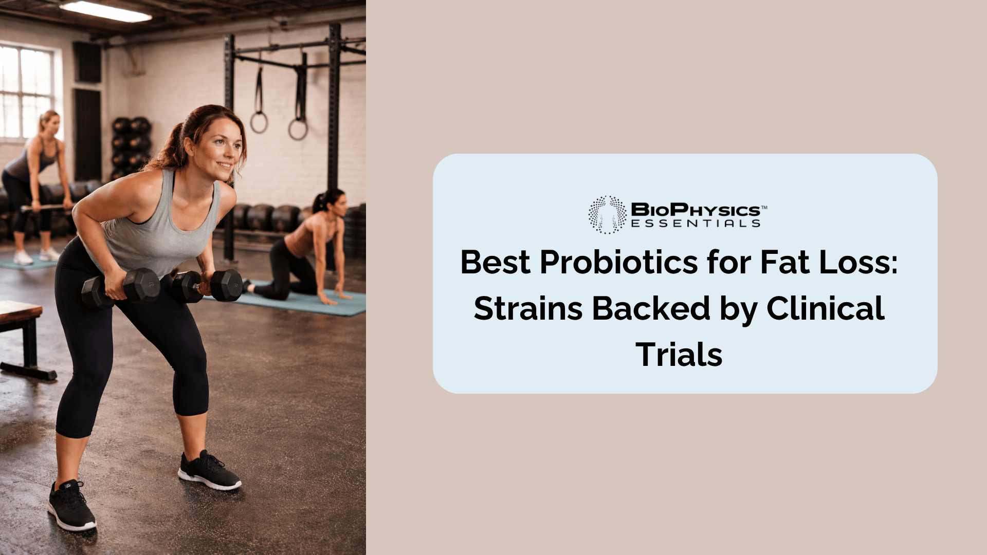 Woman with an average build standing confidently in a gym, representing an everyday approach to supporting body composition and metabolic health with probiotics
