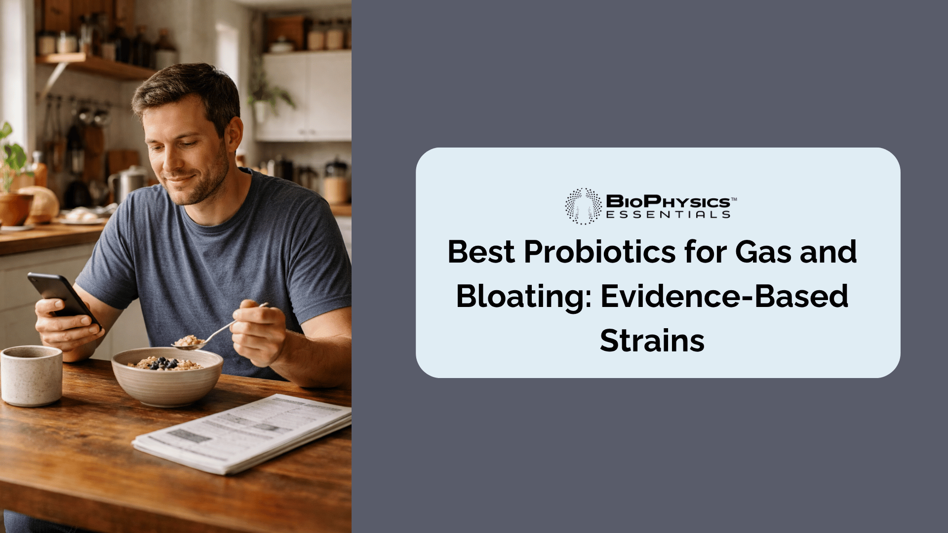 Man relaxing comfortably at kitchen table eating breakfast on a Sunday morning, representing everyday digestive comfort and gut health