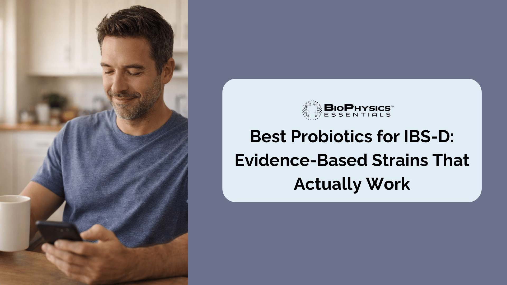 Man in his 40s relaxing comfortably at a kitchen table on a weekend morning representing the digestive comfort and daily freedom that comes from managing IBS-D symptoms with evidence-based probiotic supplementation