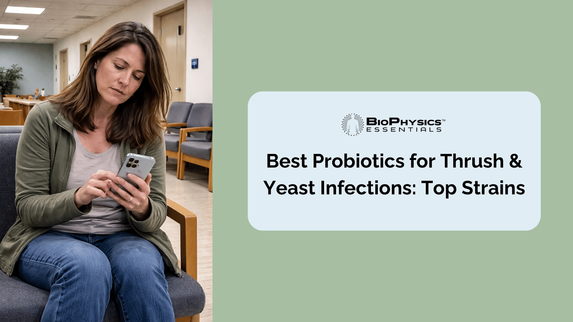 A woman in her 40s sitting in a doctor's office waiting room, looking tired and mildly uncomfortable, conveying the relatable experience of dealing with a recurring yeast infection or thrush and seeking medical help