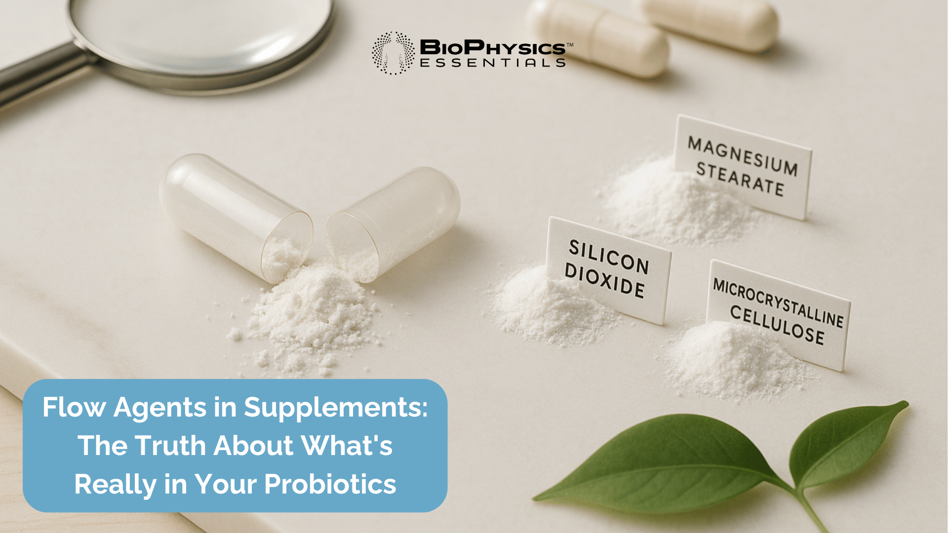 Supplement capsule opened showing white powder flow agents and fillers including silicon dioxide and magnesium stearate
