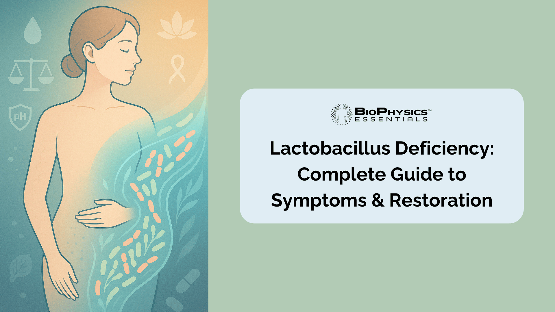 Illustration of woman’s abdomen for Lactobacillus deficiency restoration: with pH scale, lotus for vaginal health, neural ribbon for gut-brain axis, symbolizing gut balance