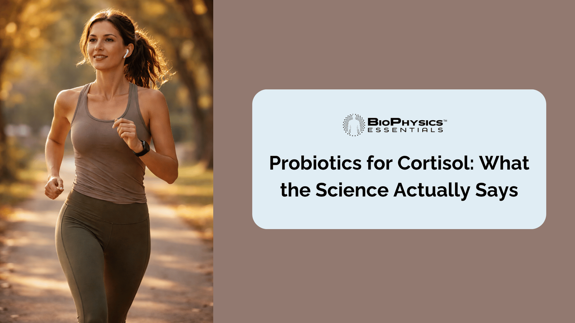 Woman jogging on a tree-lined outdoor path in warm morning light, representing an active approach to stress management and cortisol regulation through lifestyle and gut health support