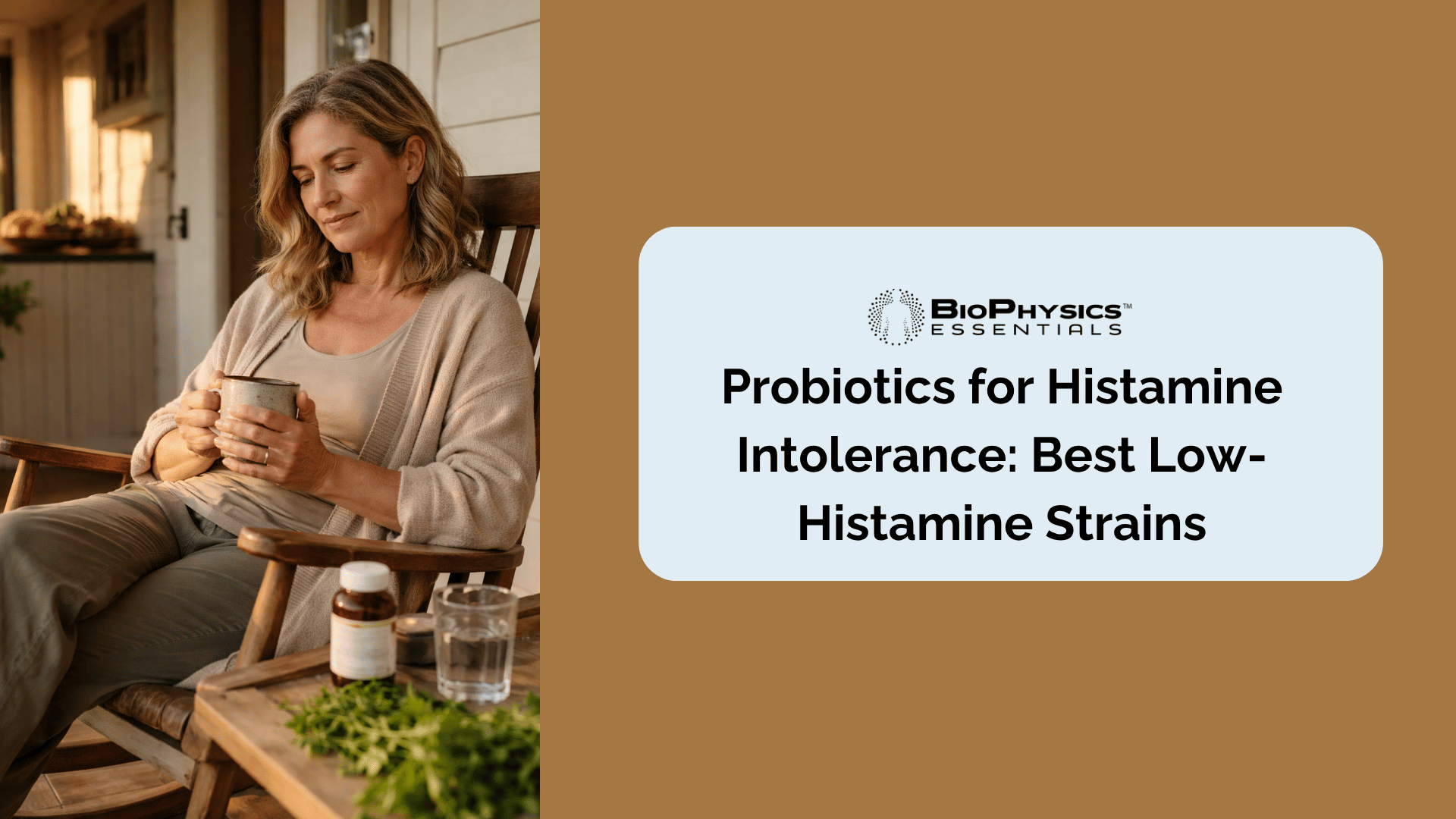 portrait of a middle-aged woman sitting in a wooden rocking chair on a farmhouse porch, gently holding a ceramic mug and looking down with a calm, reflective expression of relief and balance sought by people managing histamine intolerance