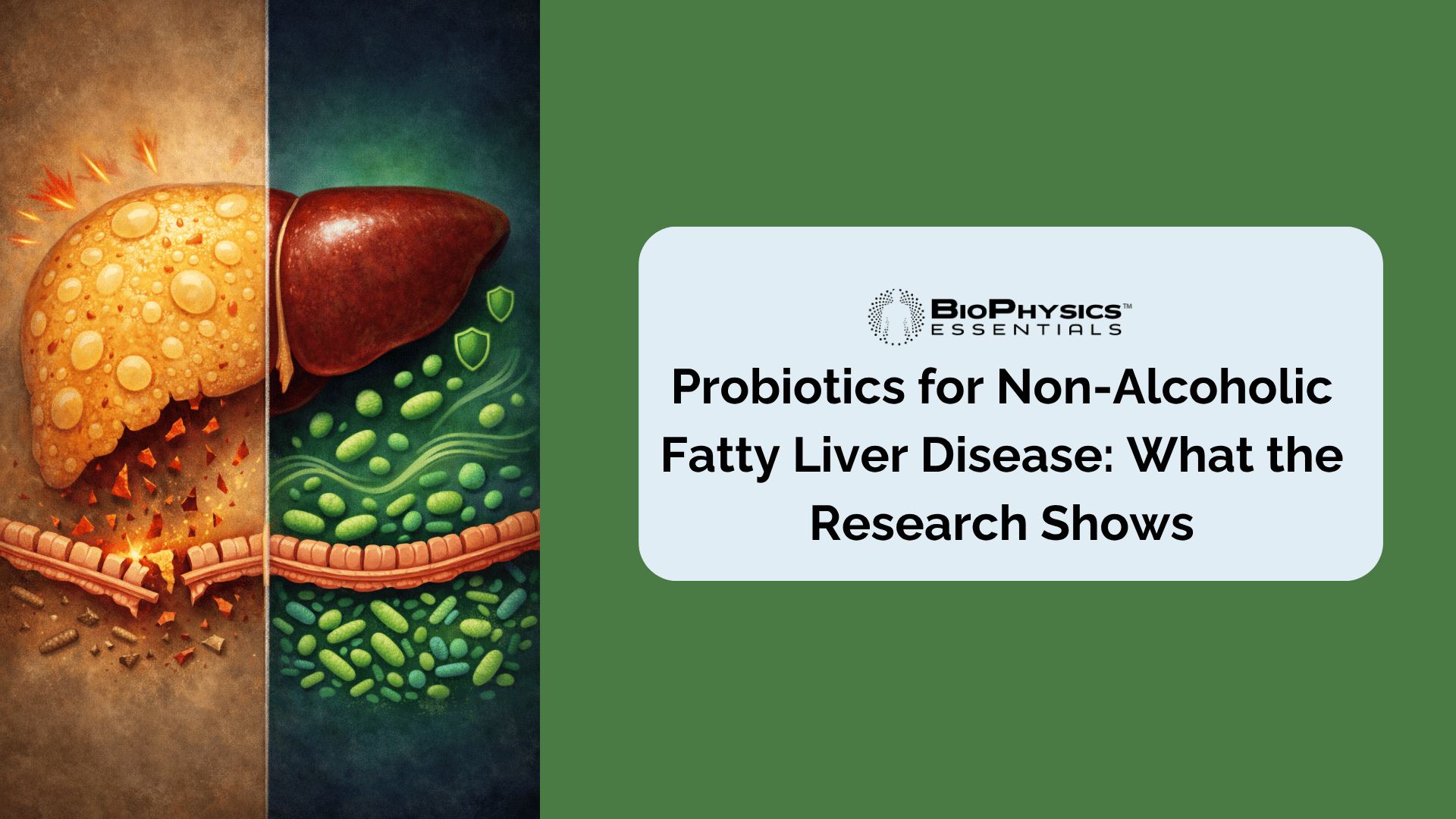 Split-screen portrait illustration contrasting a fatty liver affected by NAFLD showing fat droplets, LPS endotoxin translocation, and a sparse dysbiotic microbiome on the left, with a healthy liver on the right