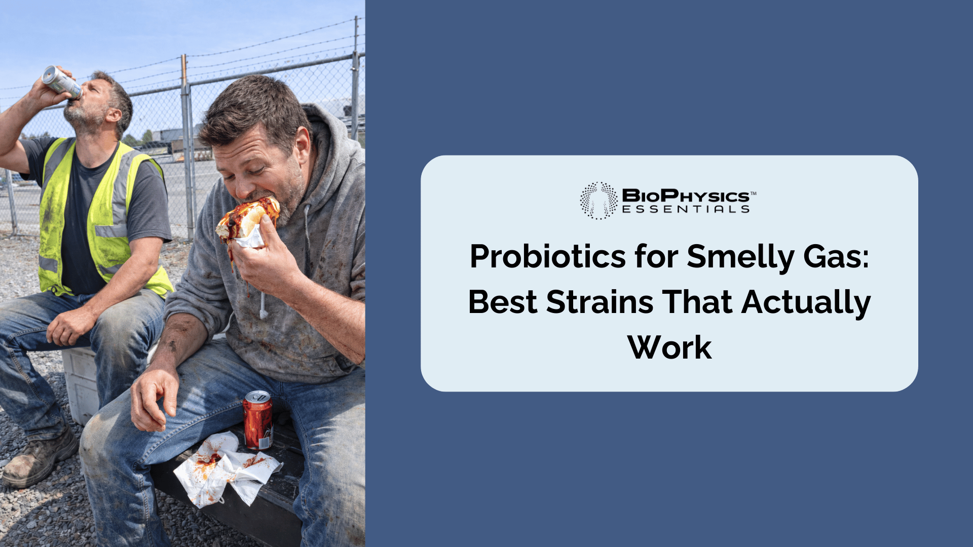 Two blue collar workers eating chili dogs on a job site during lunch break, candid phone photo