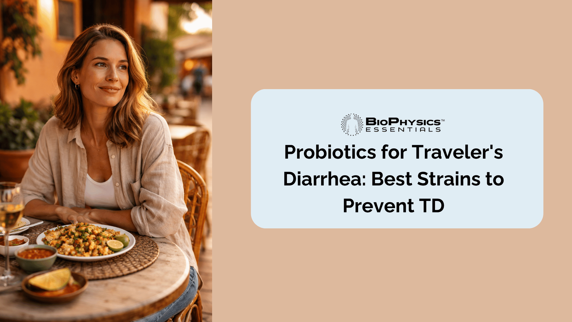 solo traveler sitting at an outdoor café table in a warm, sun-drenched destination, relaxed and comfortable, with street food vendors blurred in the background — representing confident digestive health while traveling abroad