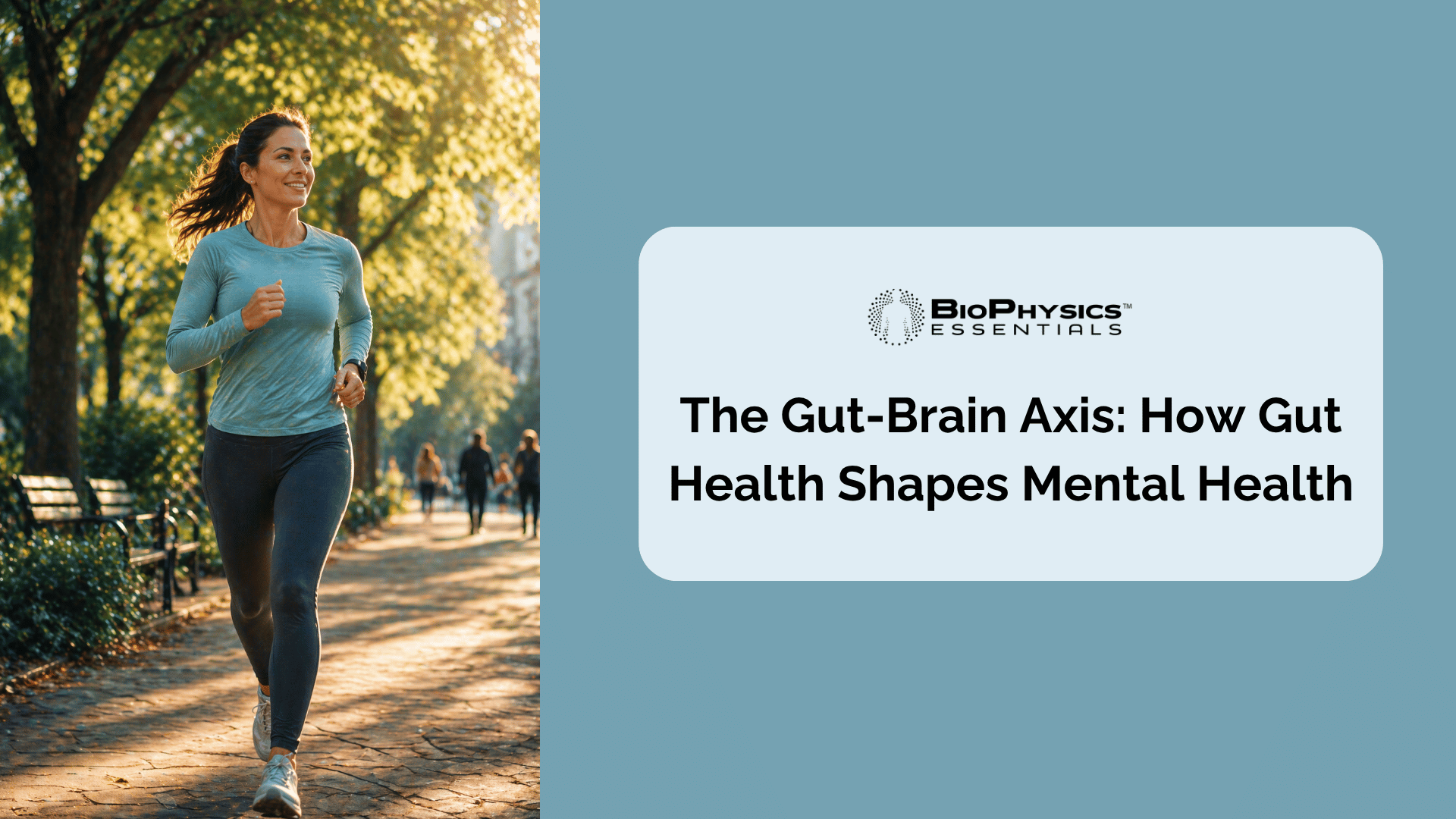 Woman in her 30s jogging along a sunlit tree-lined park path in warm morning light, representing the energy, vitality, and cognitive clarity associated with gut-brain axis health