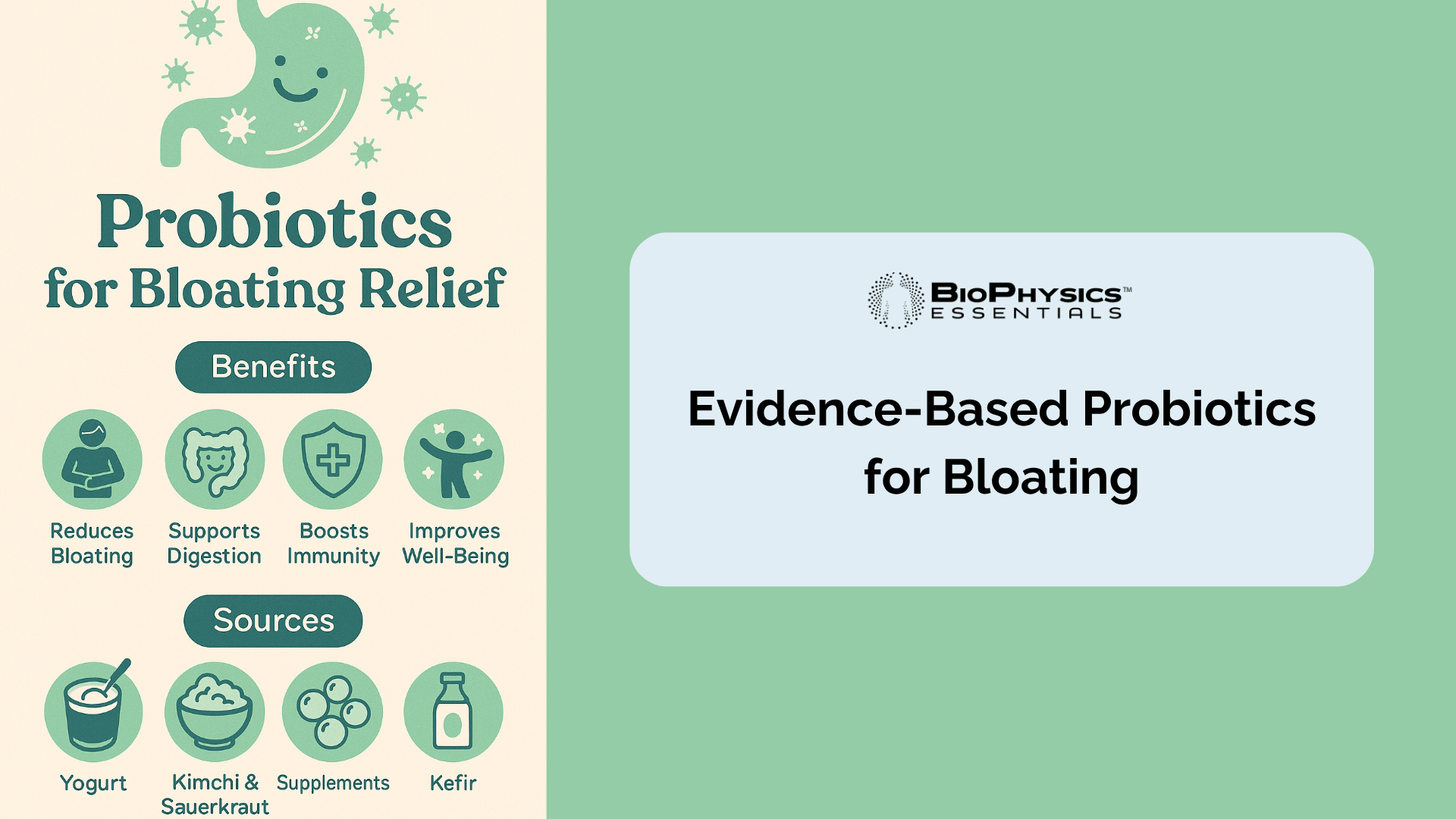 Featured article image: 7 clinically proven probiotic strains for bloating with infographic icons depicting benefits and probiotic food sources like fermented vegetables, supplements, and dairy products