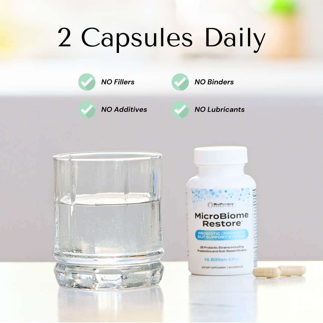 Bottle of MicroBiome Restore supplement with a glass of water on a light background and daily usage instructions