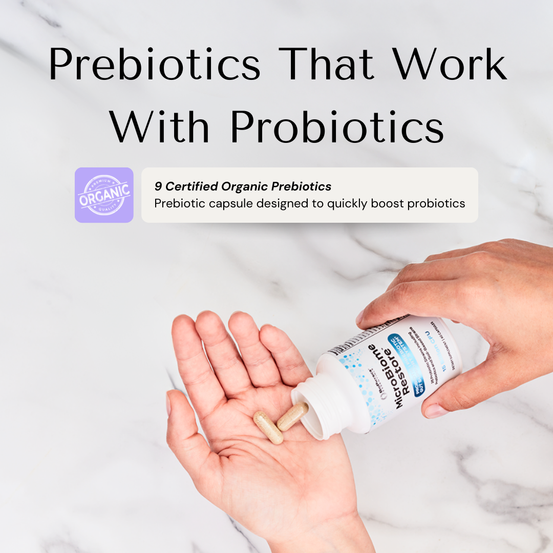 Person holding a bottle of MicroBiome Restore prebiotic and probiotic capsules with text about certified organic prebiotics.